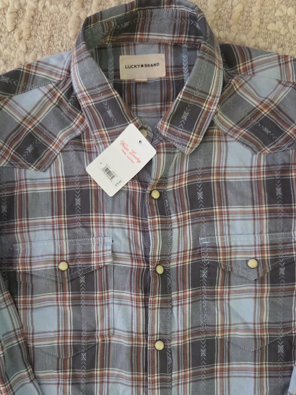 NWT Lucky Brand Men's Plaid Western Pearl Snap Shirt NWT - Blue Brown Grey Small